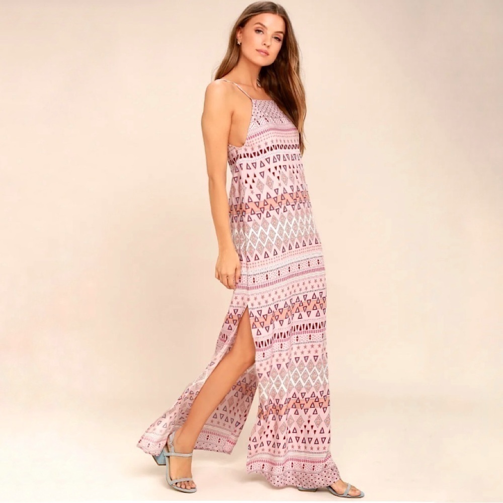 NWT Lulus Mosaic Days Blush Pink Printed Sleeveless Maxi Dress XS